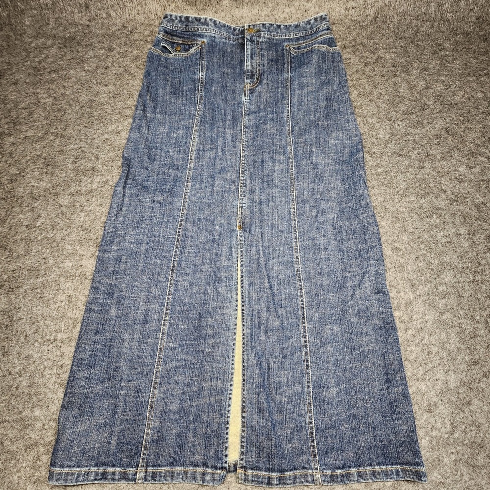 Eddie Bauer Womens Long Denim Jean Maxi Ankle Skirt Front Slit 12 Long - Picture 2 of 7